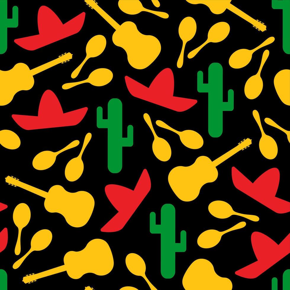 Festive outline mexican symbols seamless background. pattern with silhouette cactus, sombrero, maracas and guitar. Illustraton in red, yellow, green and black colors for textile seamless print vector