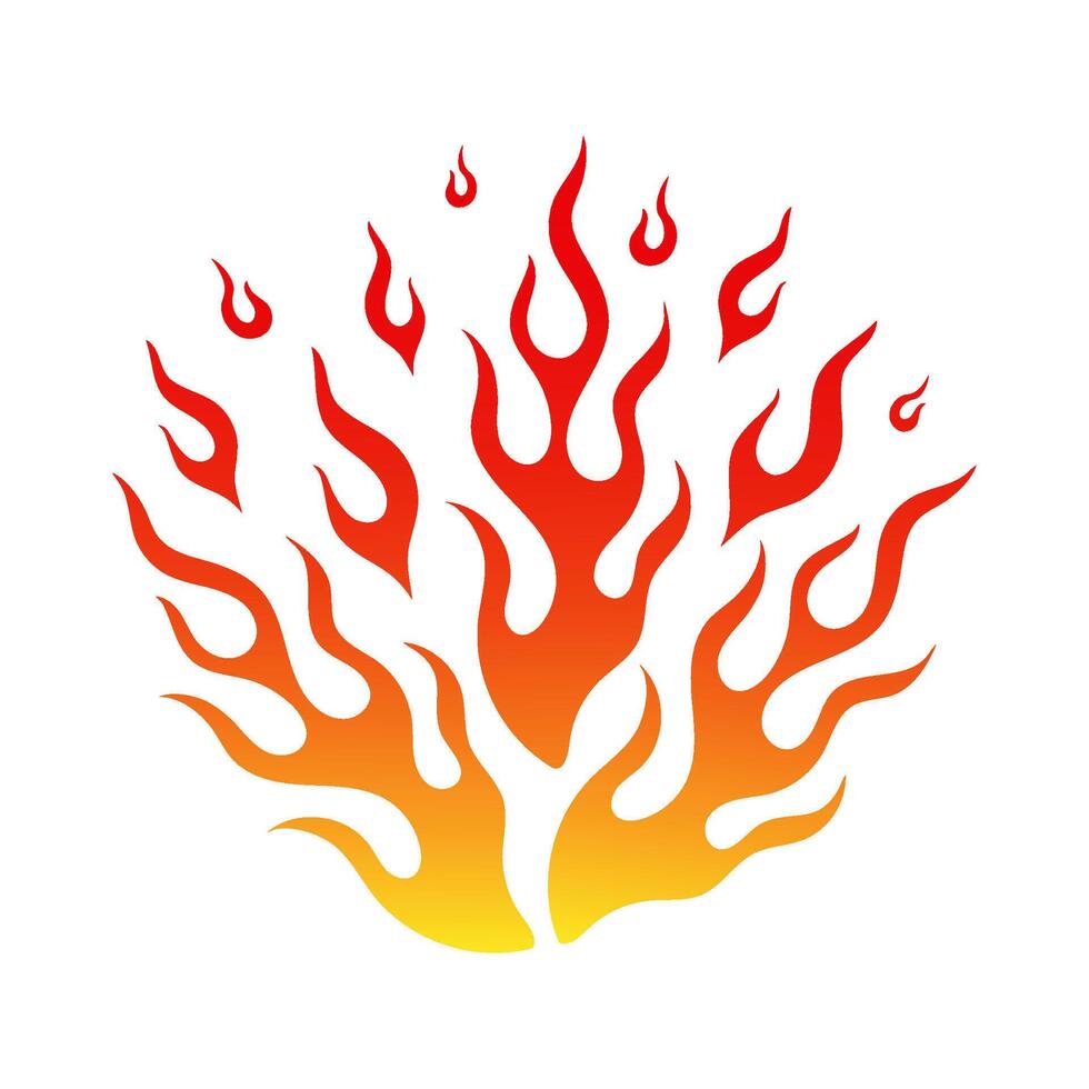 Cartoon fire flame flammable emblem. Bright flames of fire in hot blaze bonfire in yellow, orange and red colors isolated on white background. illustration for emergency sign or burning tattoo. vector