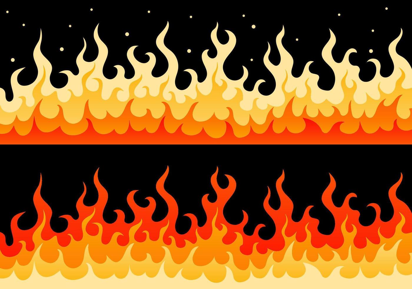 Flat wall of fire flame illustration. Two cartoon stylized borders with fire flame with spark and glow in different color schemes with red, yellow and orange colors for flammable safety vector
