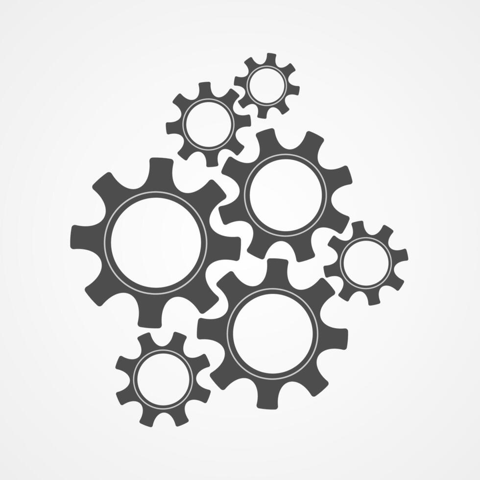 Mechanical cogs technology illustration. Development concept design element, black contour cog and gear group signify innovation teamwork. Cogwheel graphic for web icons or modern background vector