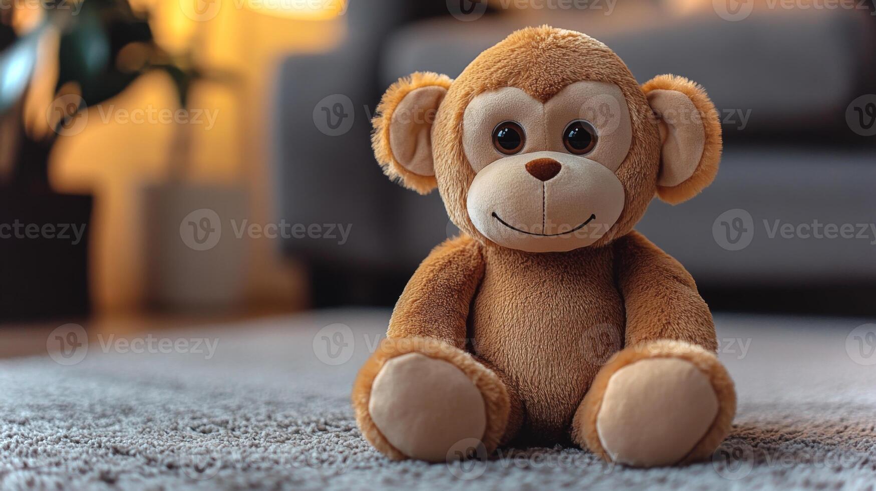 A cute plush monkey toy is centered on a soft carpet in a cozy living room. The background features warm lighting and modern furniture, adding a relaxed atmosphere. photo