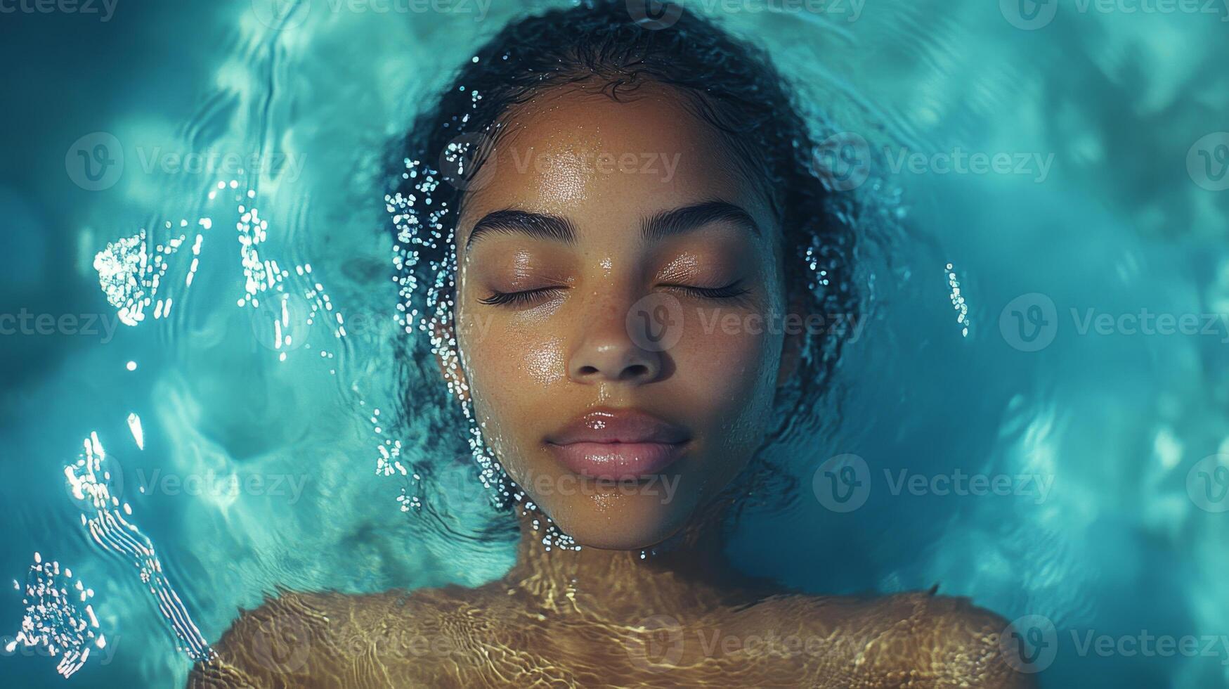 A young woman relaxes peacefully while floating in a shimmering pool, her eyes closed and face tranquil. Sunlight dances on the water surface, creating a soothing atmosphere. photo