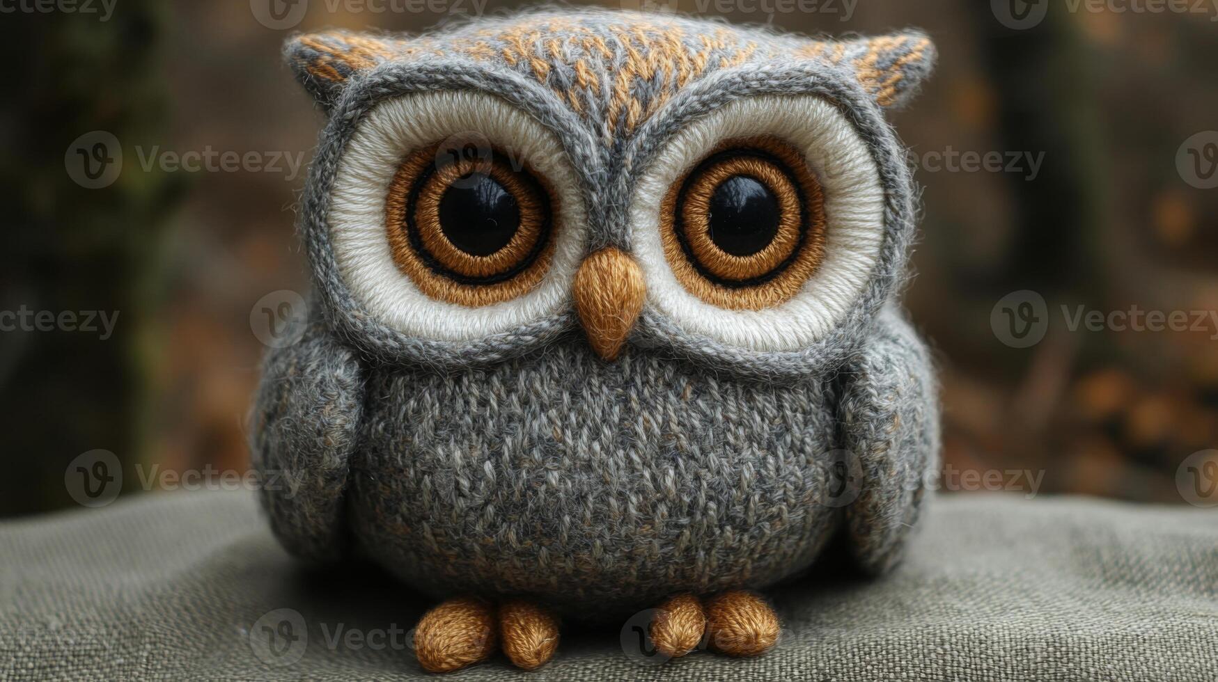 A beautifully crafted knitted owl with large expressive eyes sits on a soft background. The details highlight the care and artistic skill behind its creation, set in a serene outdoor environment. photo