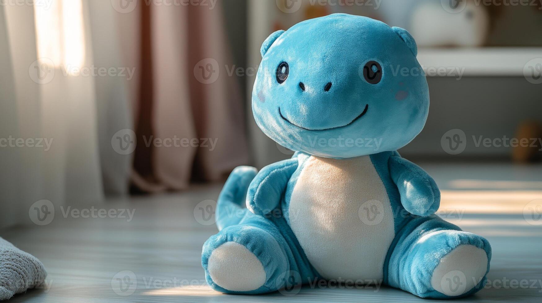 A cheerful blue dinosaur plush toy is positioned on a wooden floor. Sunlight streams through a nearby window, creating a warm ambiance in the room. photo