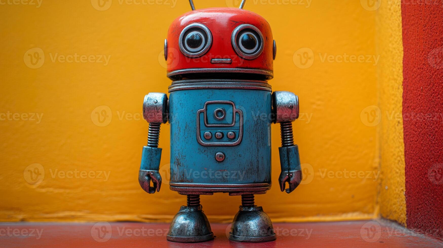 A charming vintage toy robot with a bright red head and a blue body stands against a vibrant orange wall. The playful design evokes a sense of nostalgia and whimsy. photo