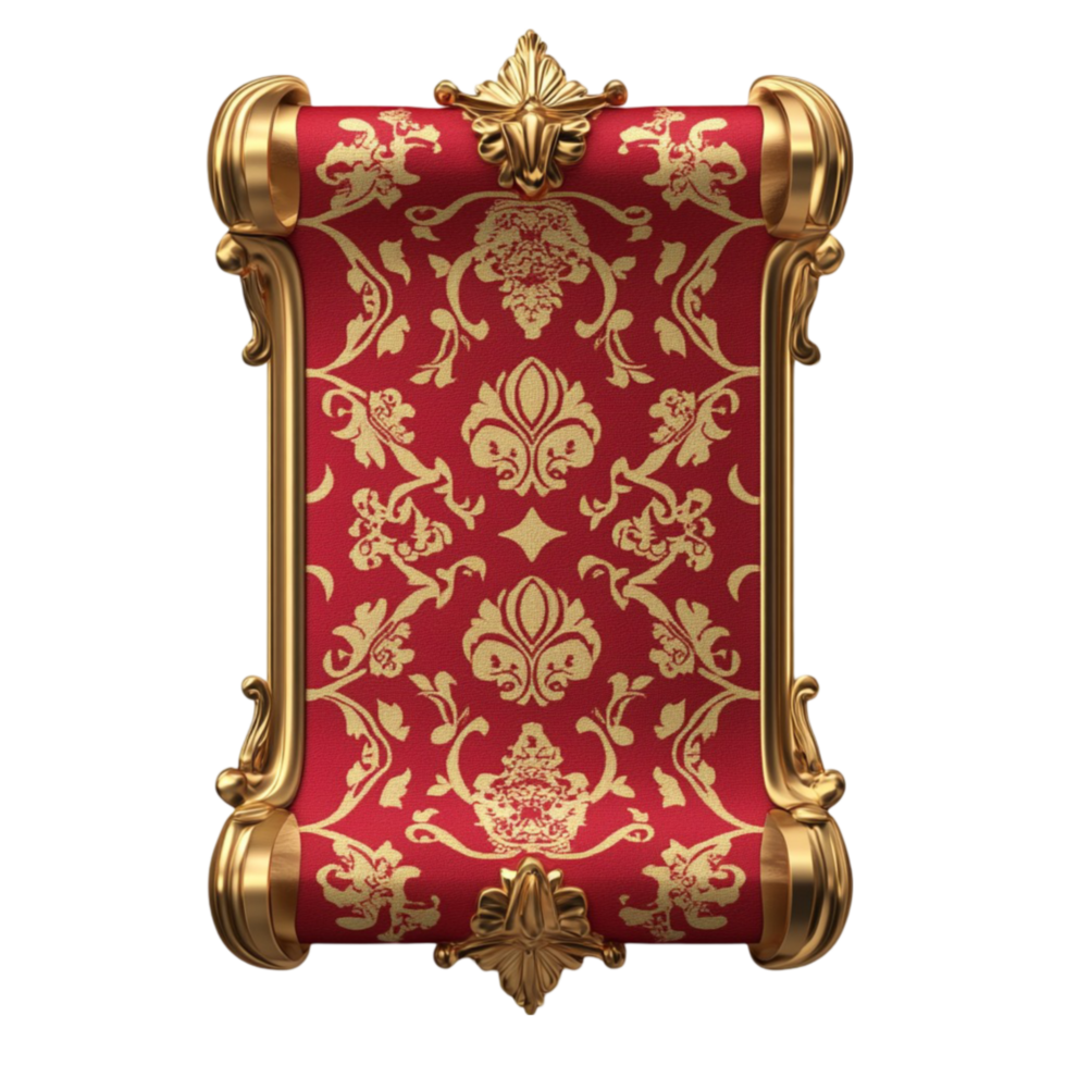 Golden scroll with red damask pattern png