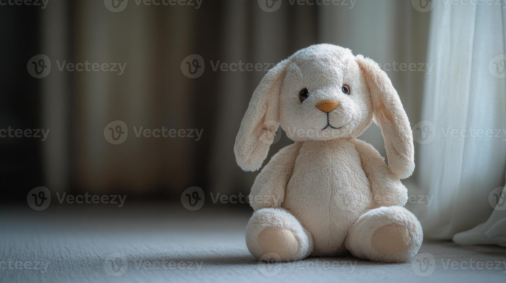 A soft, plush bunny toy sits quietly on a wooden floor beside a window, bathed in warm afternoon light. The tranquil setting evokes a sense of comfort and nostalgia. photo
