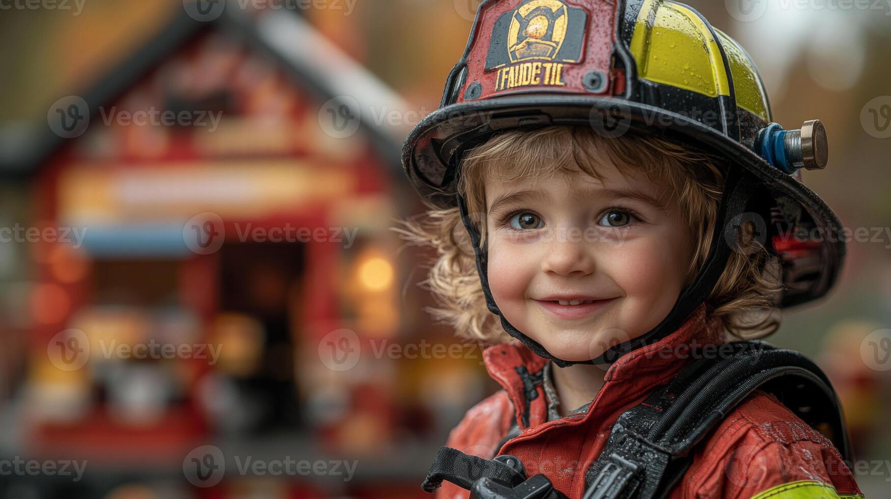 A cheerful young child in a firefighter costume with a helmet poses happily near a toy fire station on a clear afternoon, embodying the spirit of play and imagination. photo