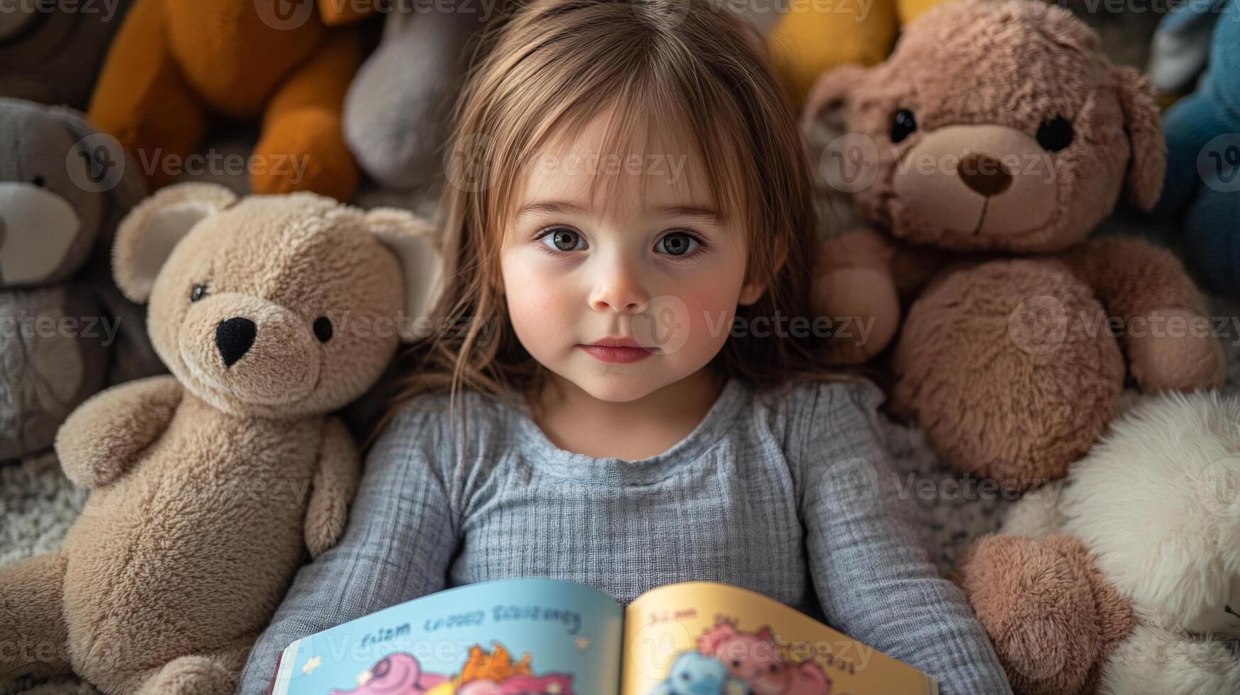 A young child is sitting on a soft surface, focused on a colorful storybook. Surrounding her are various plush teddy bears, creating a warm, playful atmosphere typical of an afternoon indoors. photo