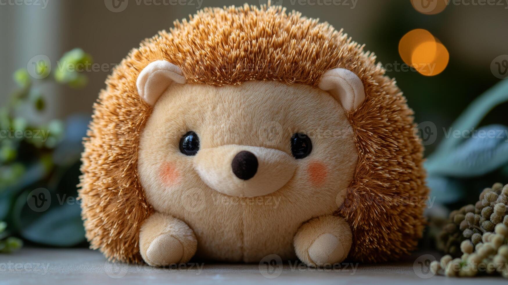 A soft plush hedgehog toy sits on a wooden surface, framed by leaves and softly glowing lights, creating a warm and inviting atmosphere for a home decor moment. photo