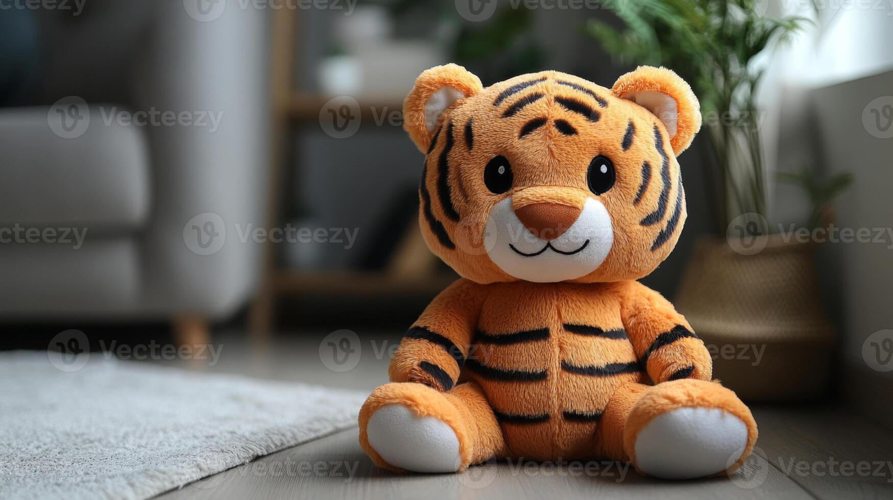 A plush tiger toy with orange fur and black stripes sits on a wooden floor in a sunlit living room. Nearby, a soft rug and a cozy couch complete the warm atmosphere. photo