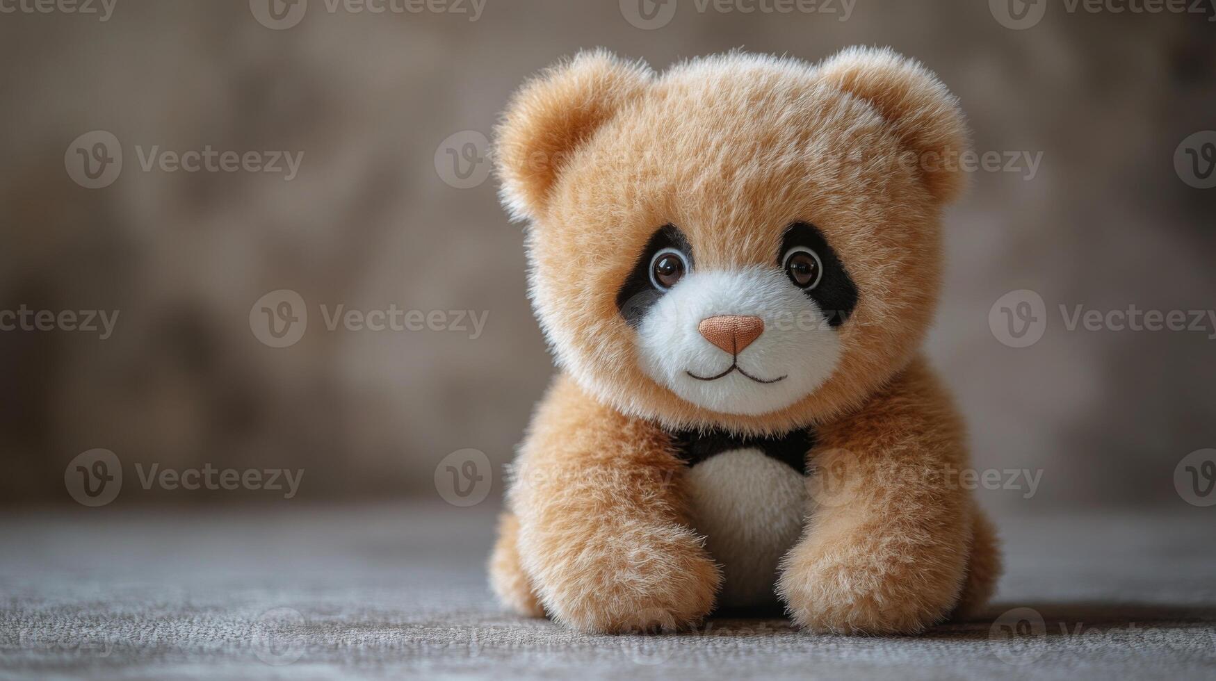A soft, fluffy plush panda with a lovable expression sits upright on a textured surface, showcasing its adorable bowtie. This charming figure brings joy and comfort to any setting. photo