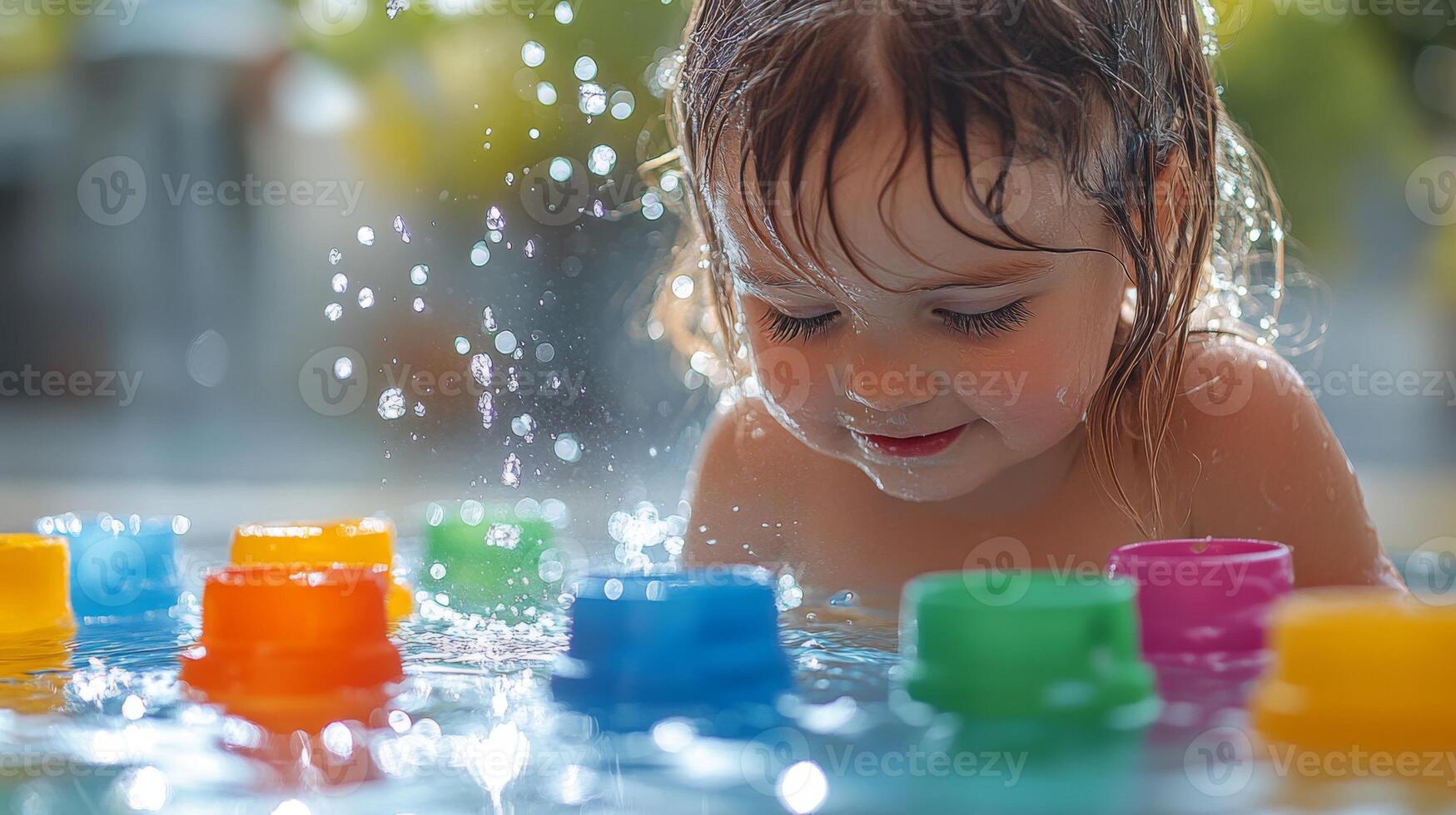 A young girl smiles as she plays in the pool with vibrant colored toys, creating splashes of water around her in a joyful atmosphere on a sunny day. photo