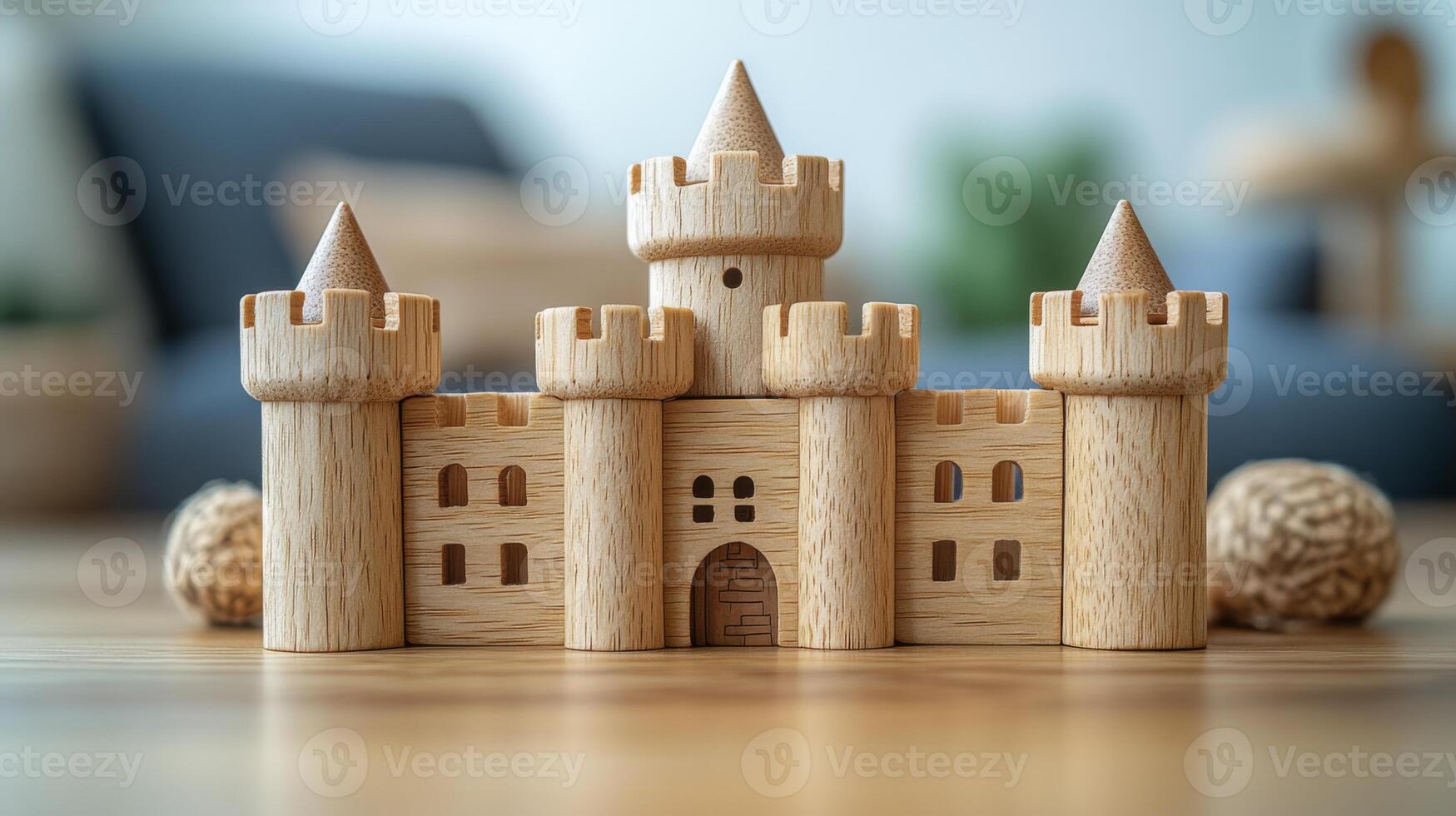 A beautifully crafted wooden castle toy is placed on a wooden surface. This engaging plaything sparks creativity and provides hours of imaginative fun for children of all ages. photo