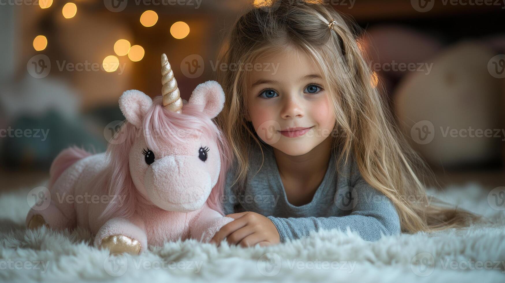 A young girl with beautiful long hair lies on a plush carpet next to a cuddly pink unicorn toy. The warmly lit room creates a cozy atmosphere that enhances her joyful expression. photo