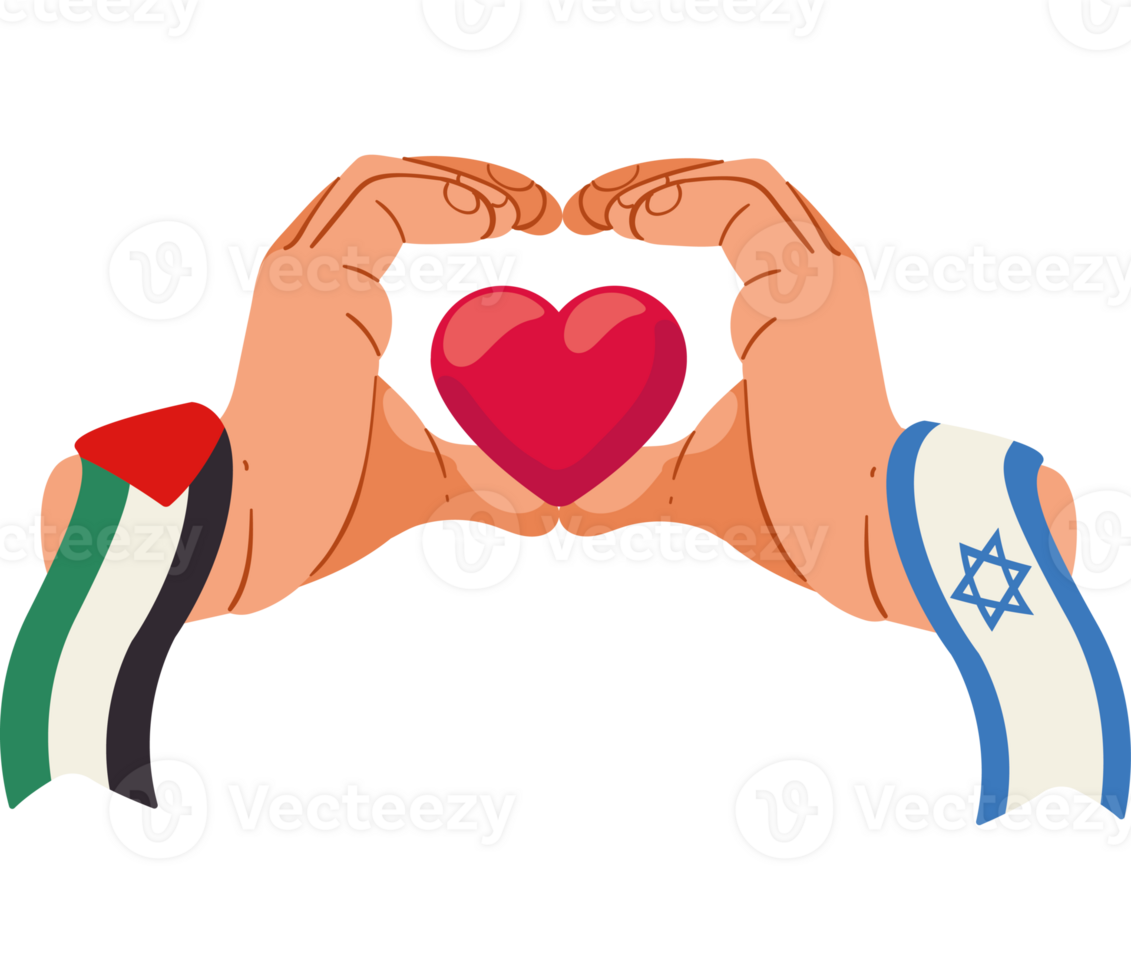 palestine and israel flags in hands with heart design png