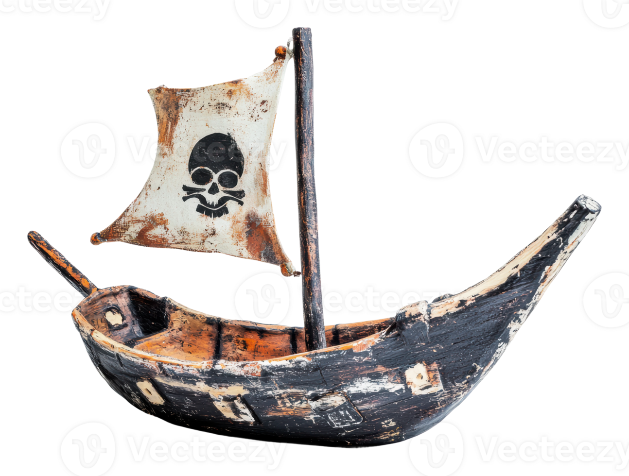 Pirate ship model with skull and crossbones design png
