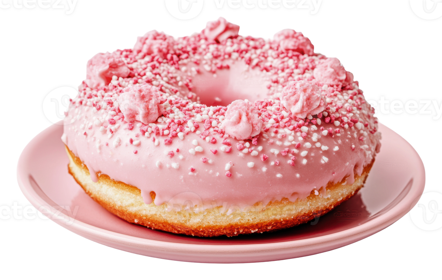 Pink donut with sprinkles on a pastel plate png