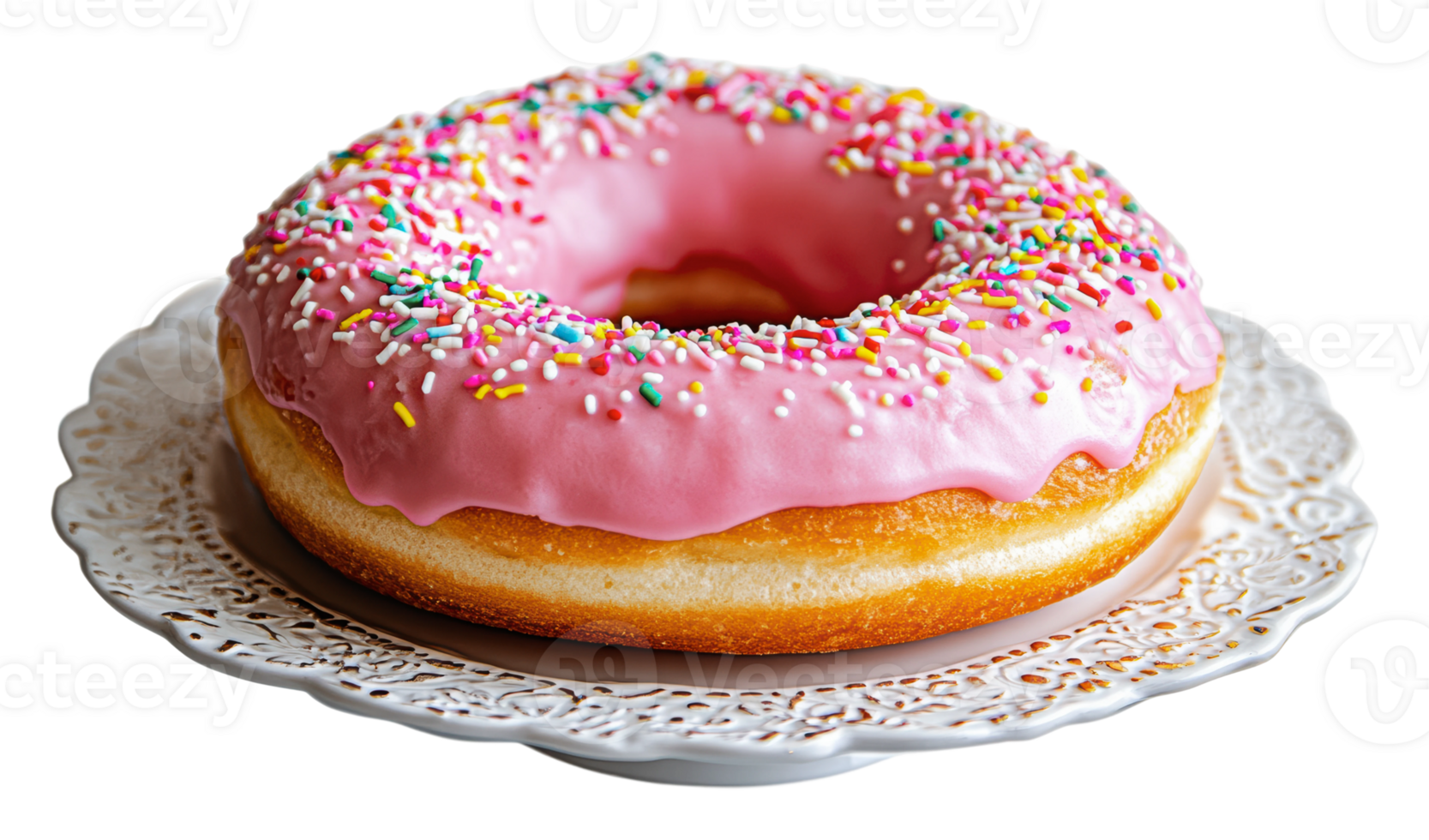Delicious pink frosted donut with sprinkles png