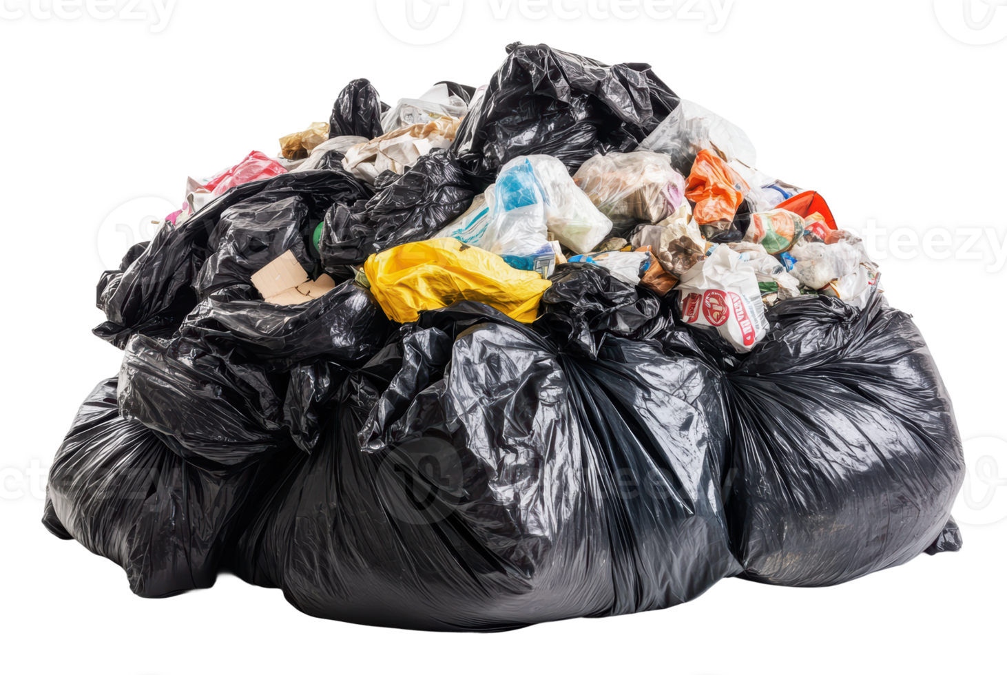 Pile of black trash bags overflowing with waste png