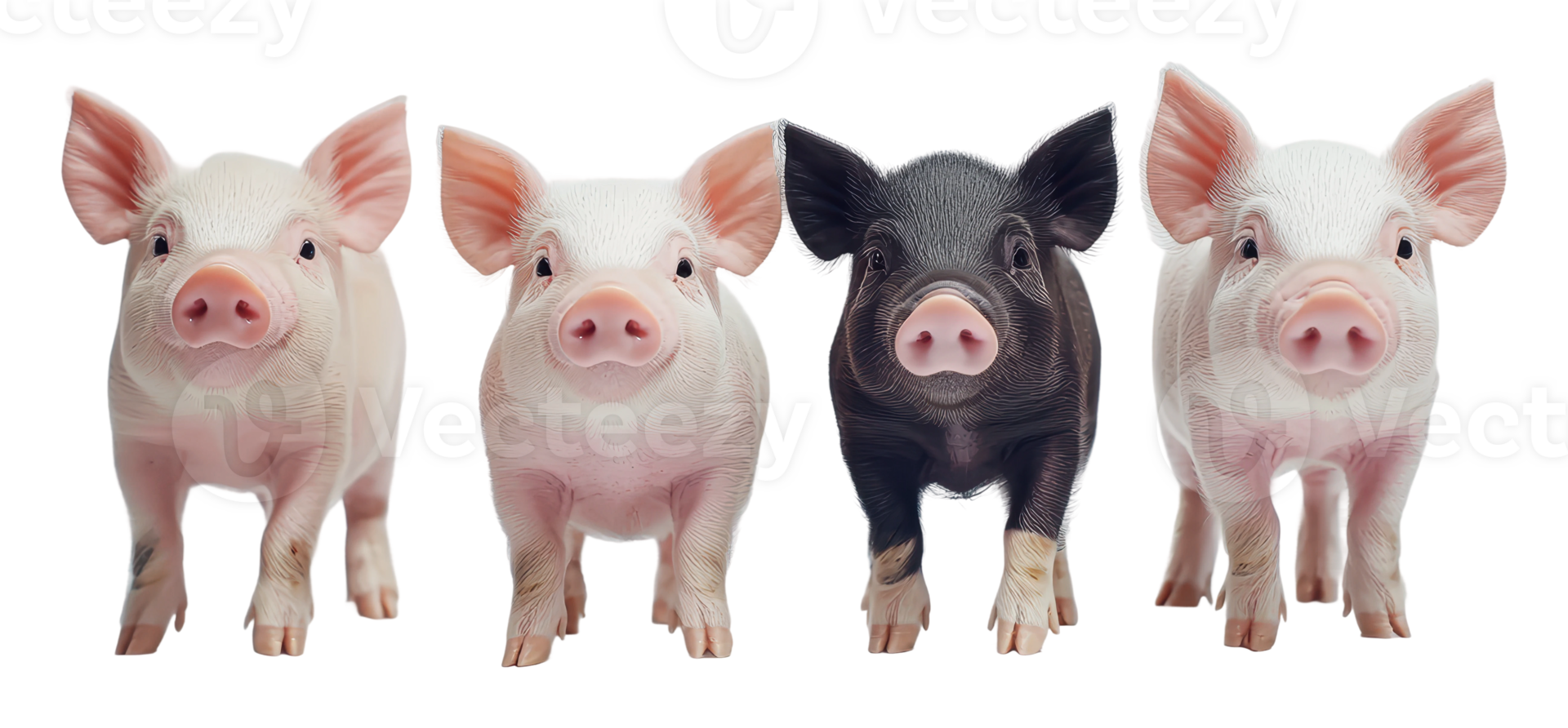 Four adorable piglets standing together in a row png