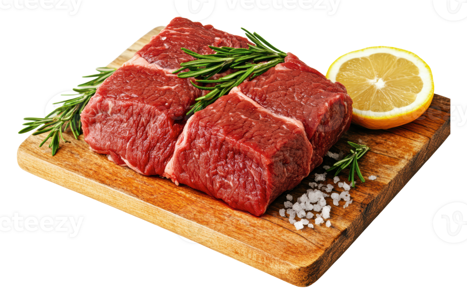 Fresh cut red meat with herbs and lemon slices png