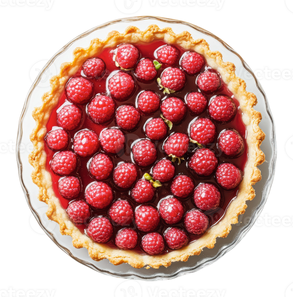 Delicious raspberry tart in a clear glass dish png