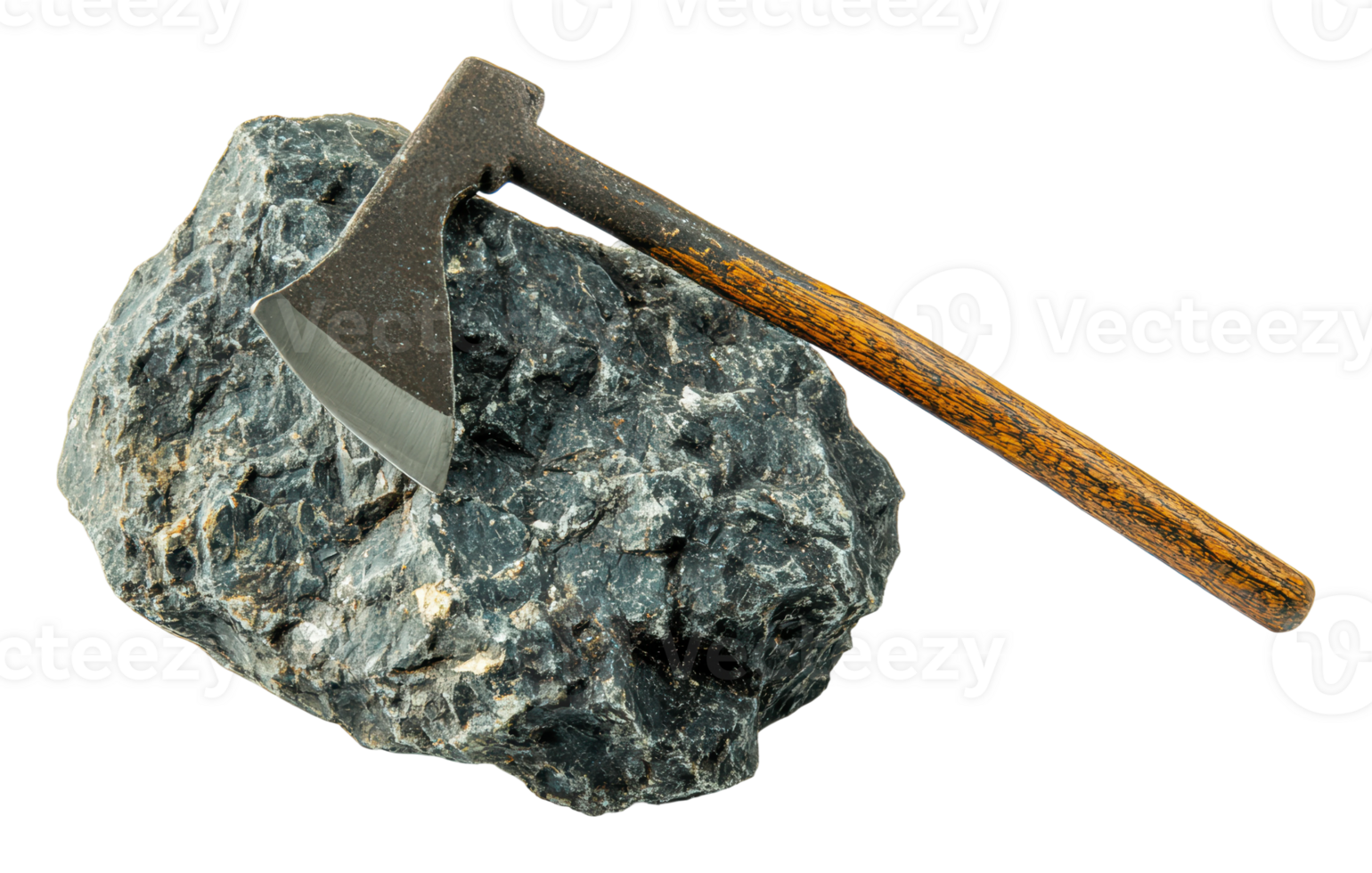 Historical axe resting on a large rock png