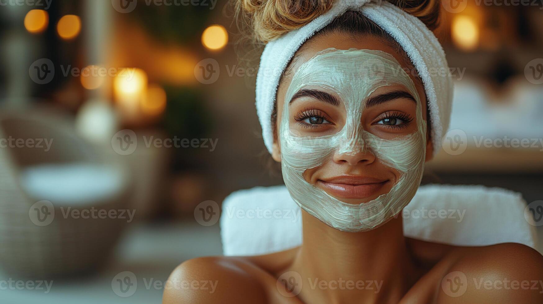 A woman relaxes in a tranquil spa setting, adorned with a green facial mask. Soft lights create a peaceful atmosphere, enhancing her serene expression while she enjoys self-care. photo