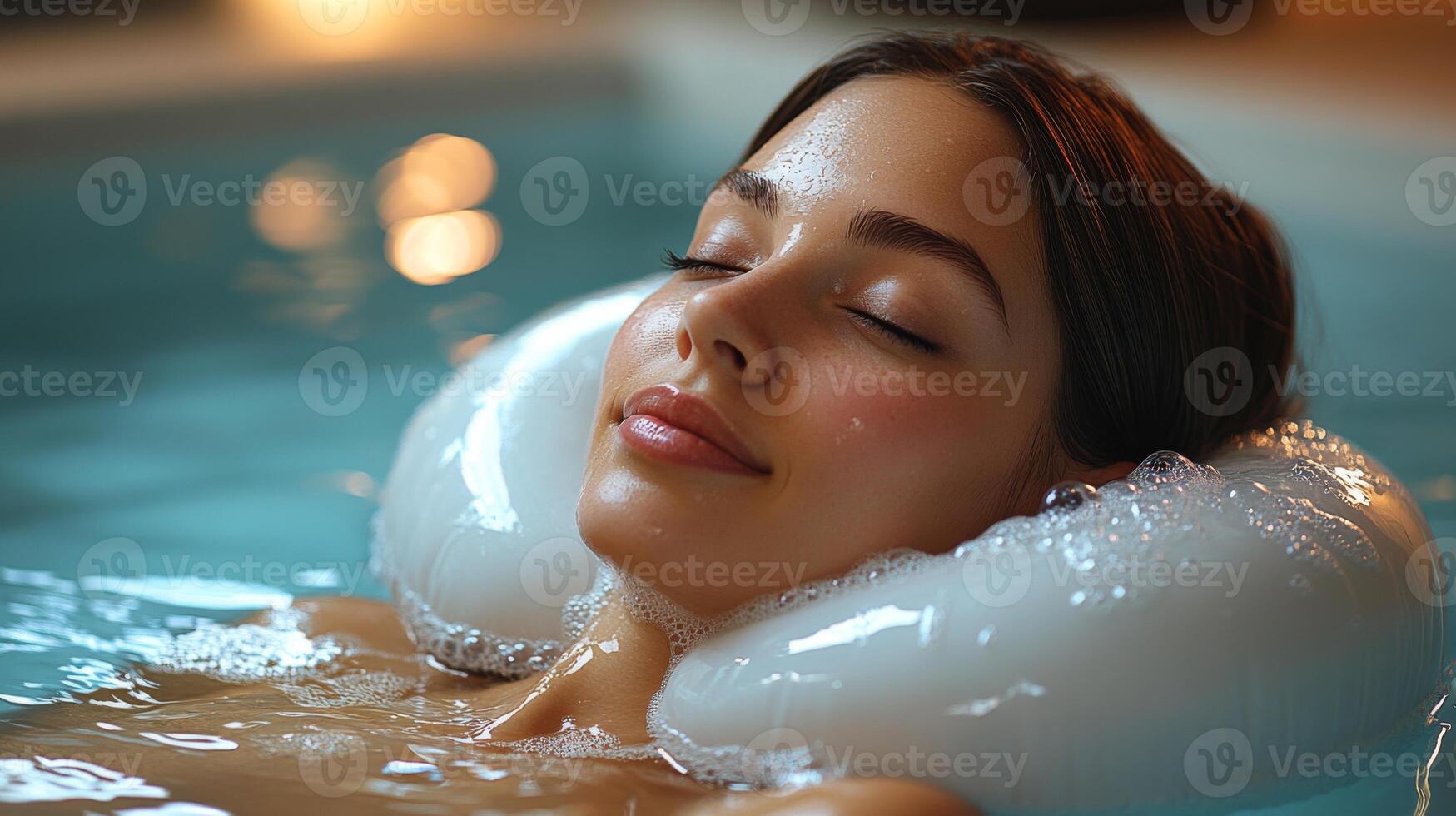 A woman peacefully relaxes in a bubble bath, supported by a soft neck pillow. The warm water and calming ambiance create a tranquil spa experience. photo