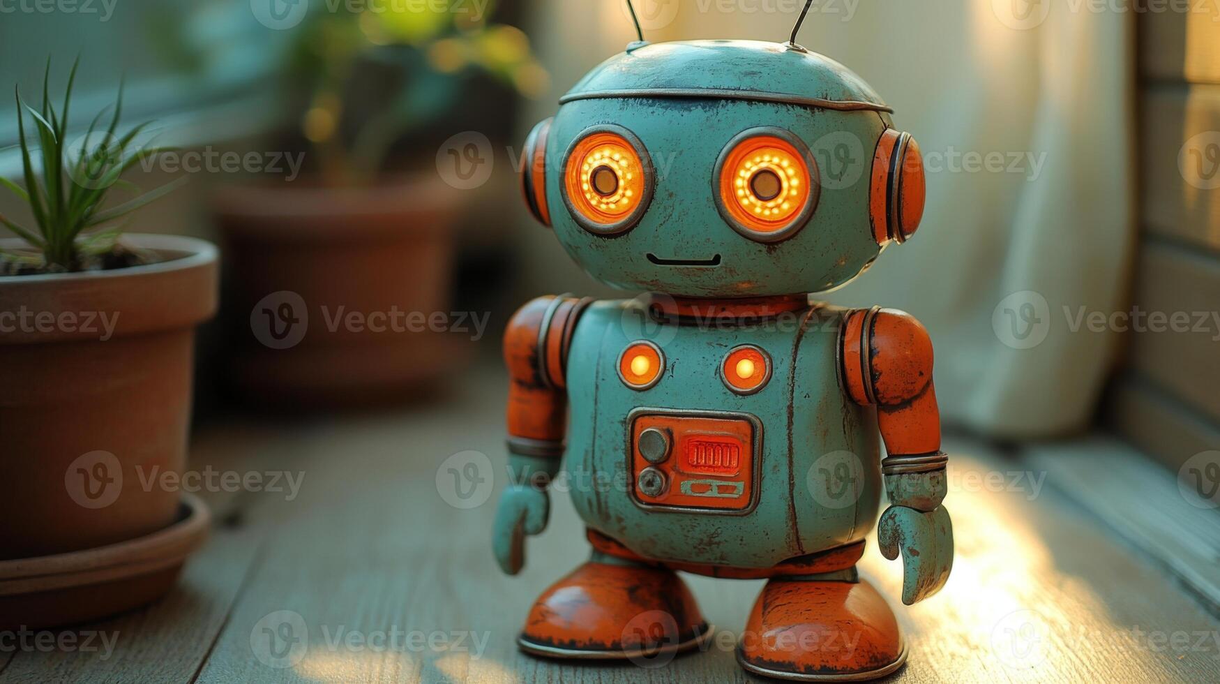 A cheerful vintage robot with glowing eyes stands on a wooden floor, surrounded by potted plants in a warm and inviting indoor space illuminated by daylight. photo