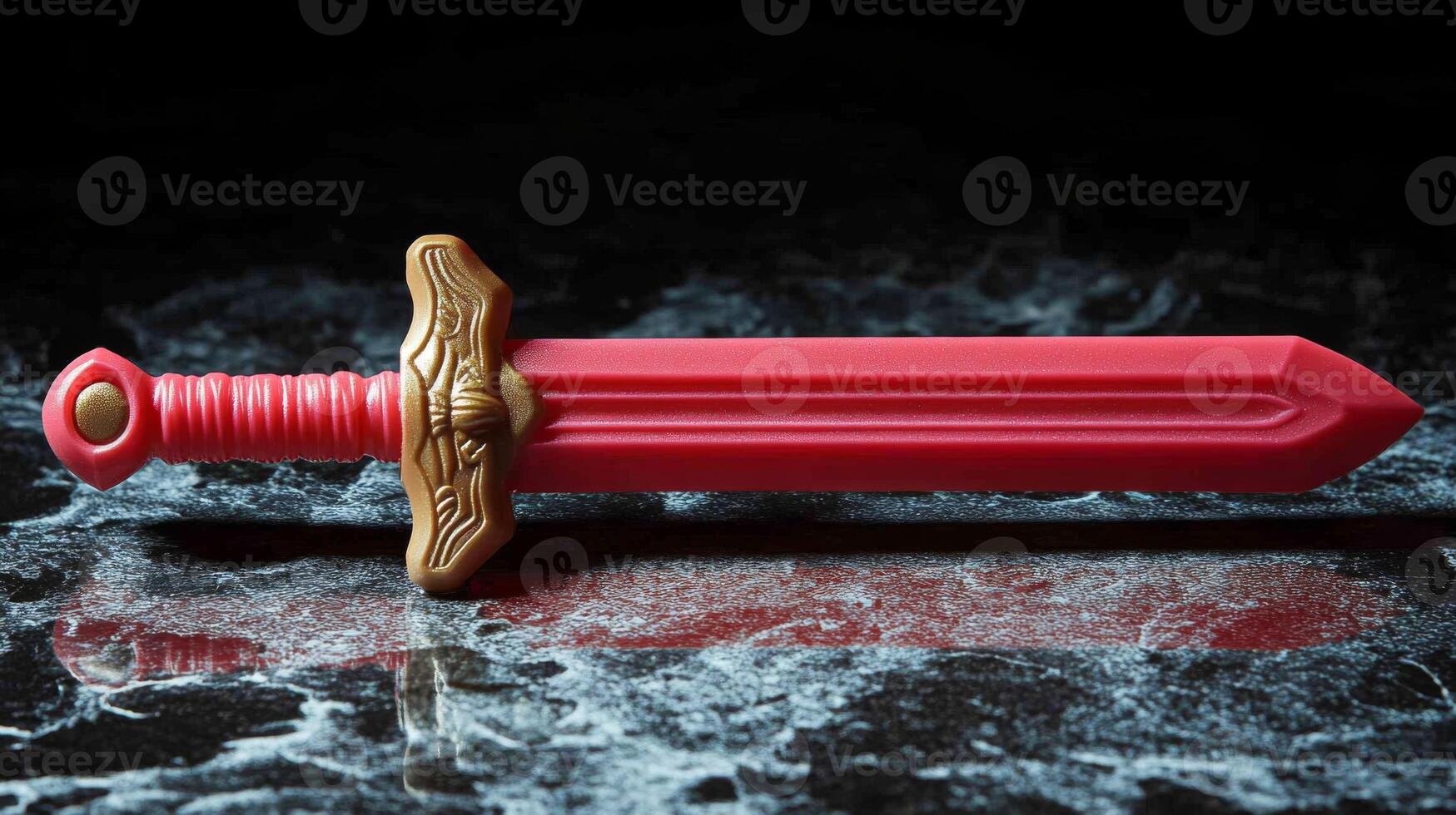 A vibrant red toy sword is resting on a polished dark marble surface. The hilt features elegant gold detailing, shining under soft lighting. photo