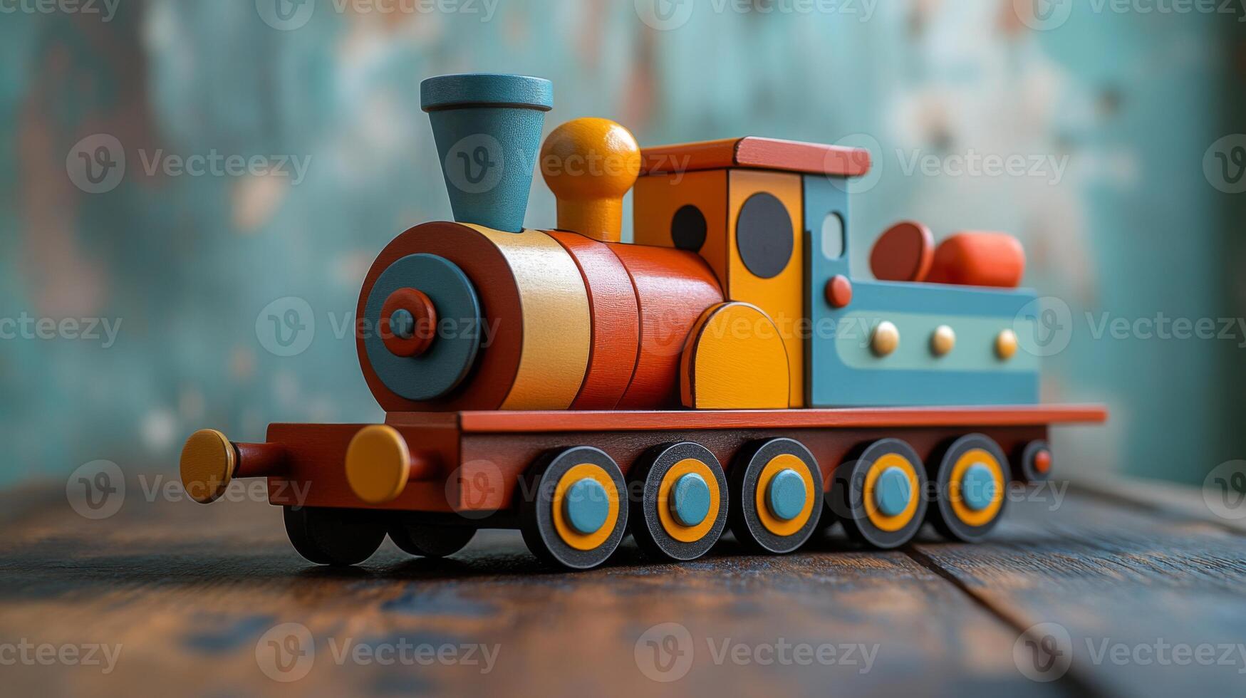 A cheerful wooden toy train features vibrant colors and intricate details, resting on a worn wooden surface with a soft, textured backdrop that enhances its playful nature. photo
