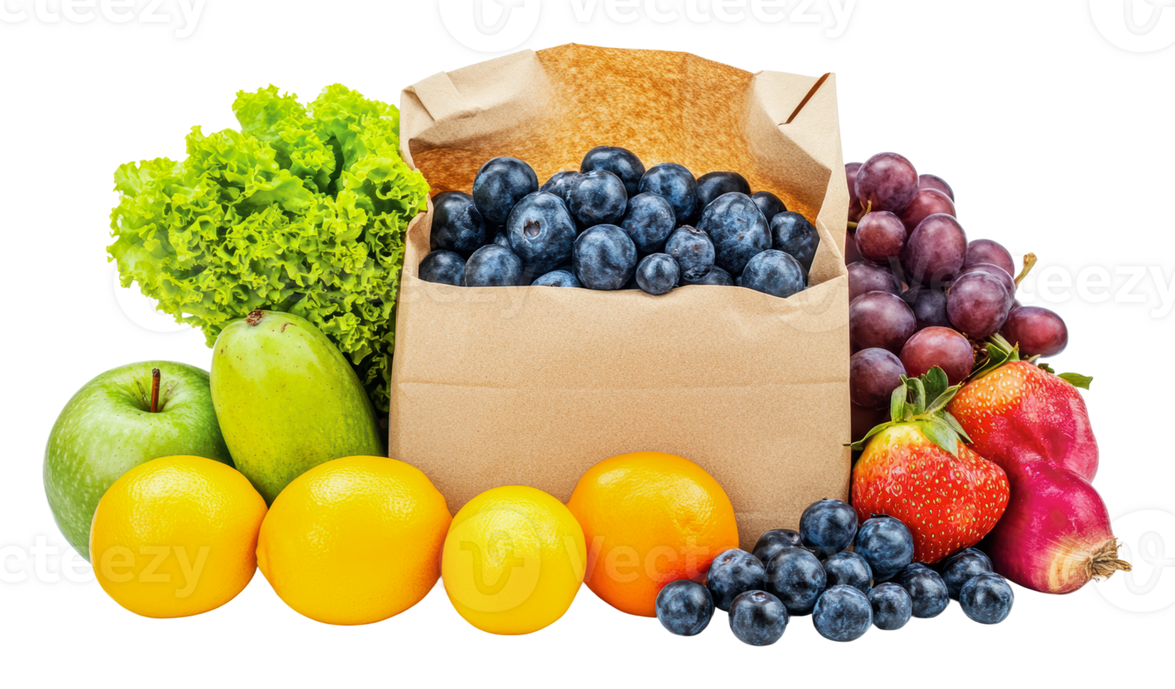 Fresh fruits and vegetables in a paper box display png