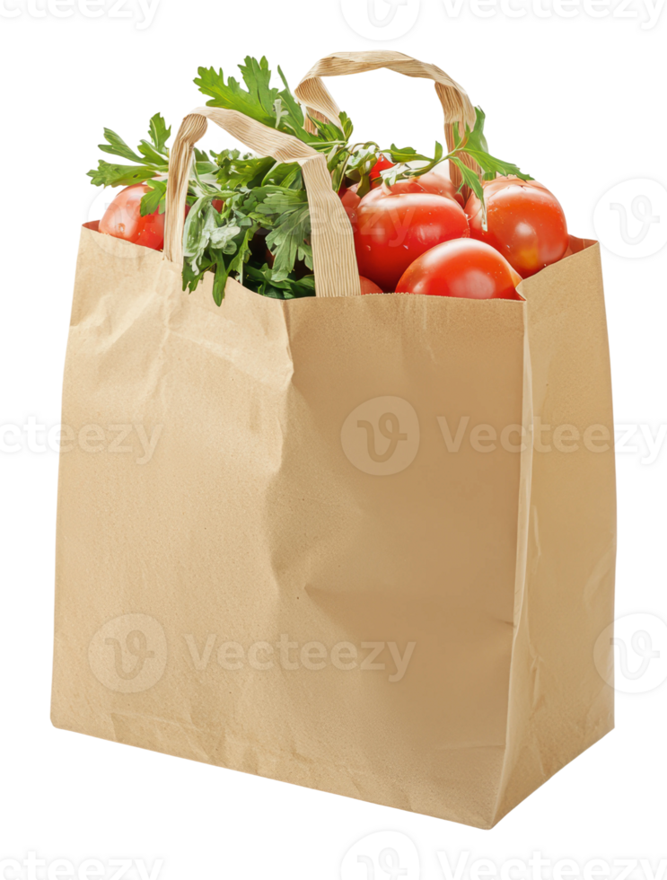 Fresh tomatoes and greens in a paper bag png