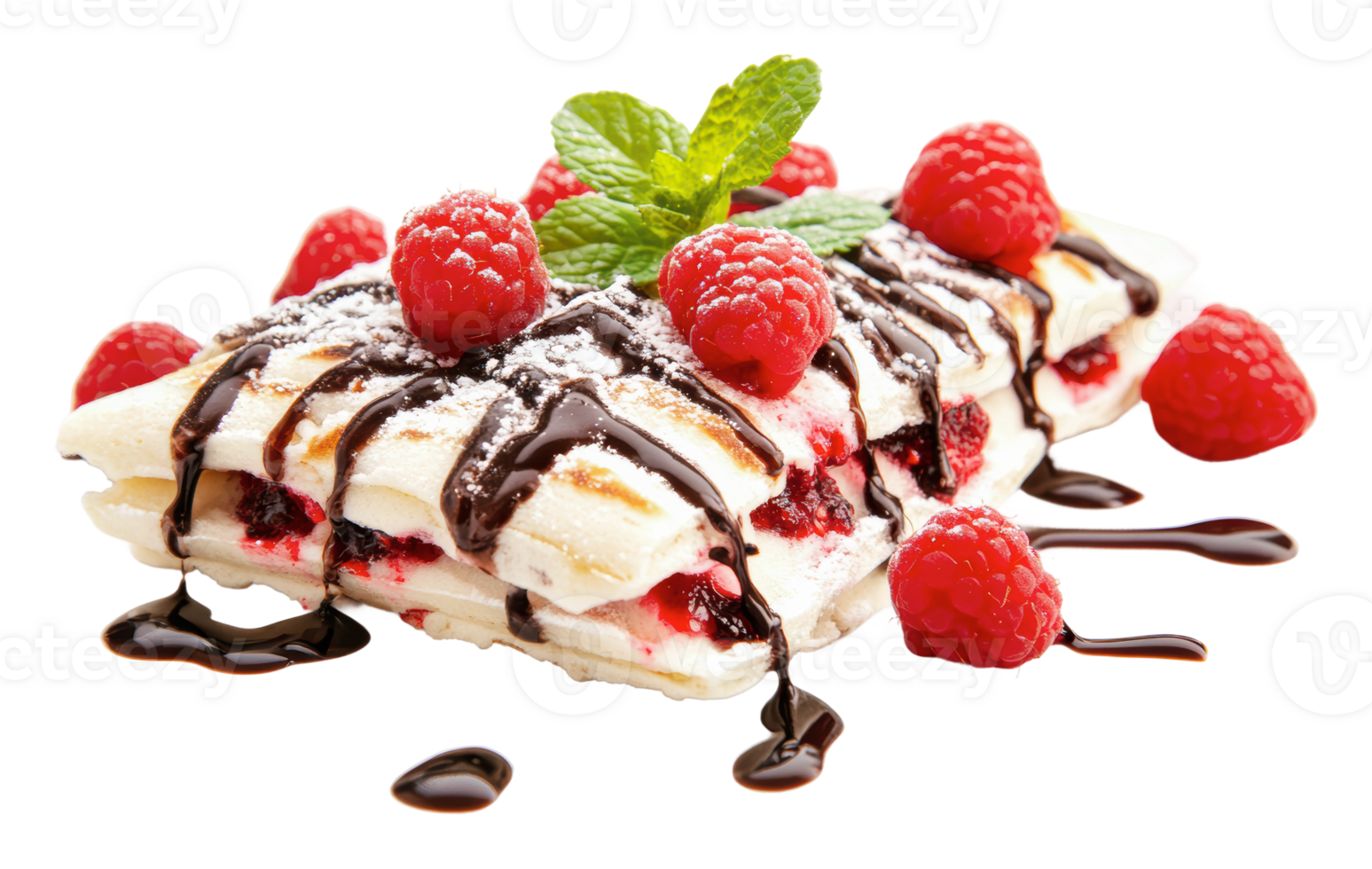Dessert featuring raspberries and chocolate sauce png