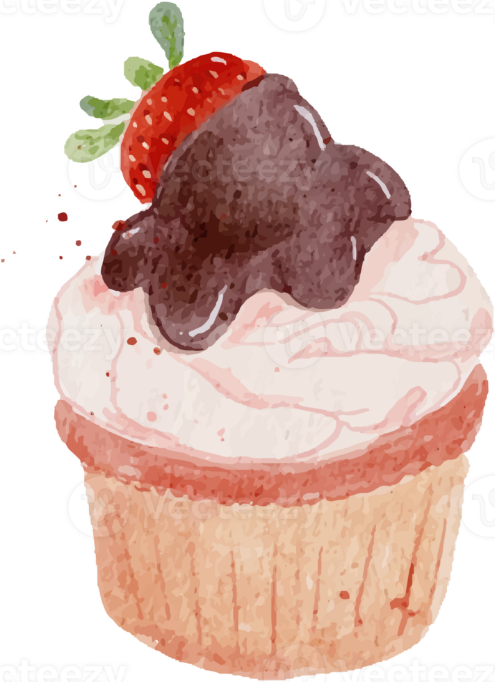 watercolor pastel cute cake strawberry cupcakes with chocolate sauce frosting png