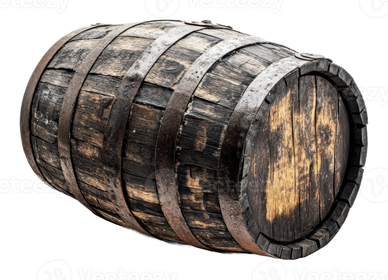 Rustic wooden barrel sits on a white background png