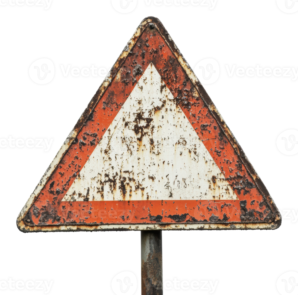 Weathered triangular warning sign in urban area png