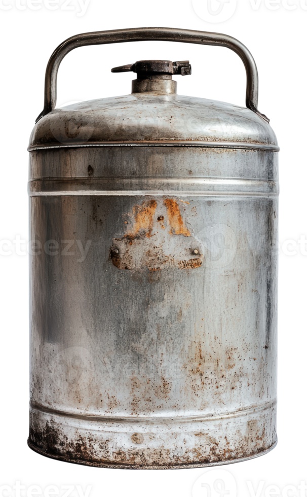 Vintage metal canister with handle and wear png