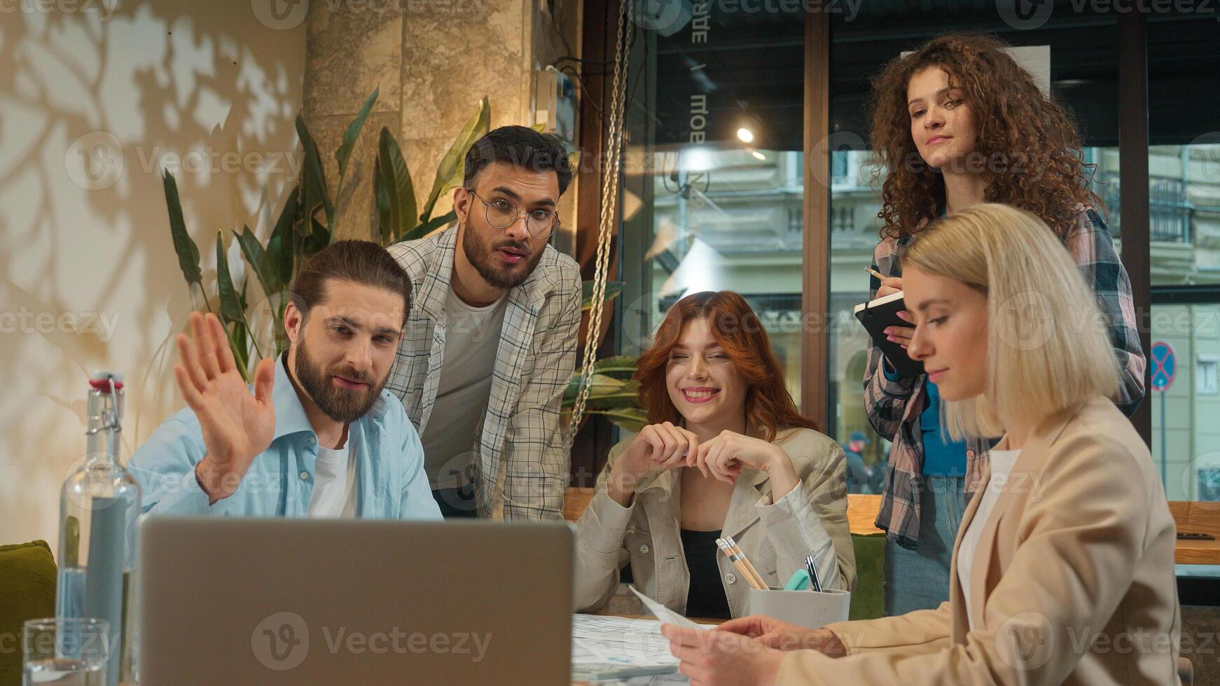 Multiracial creative team coworkers office colleagues coworking group students freelance architects business men women girls guys male female talking call friendly meet online conference laptop photo