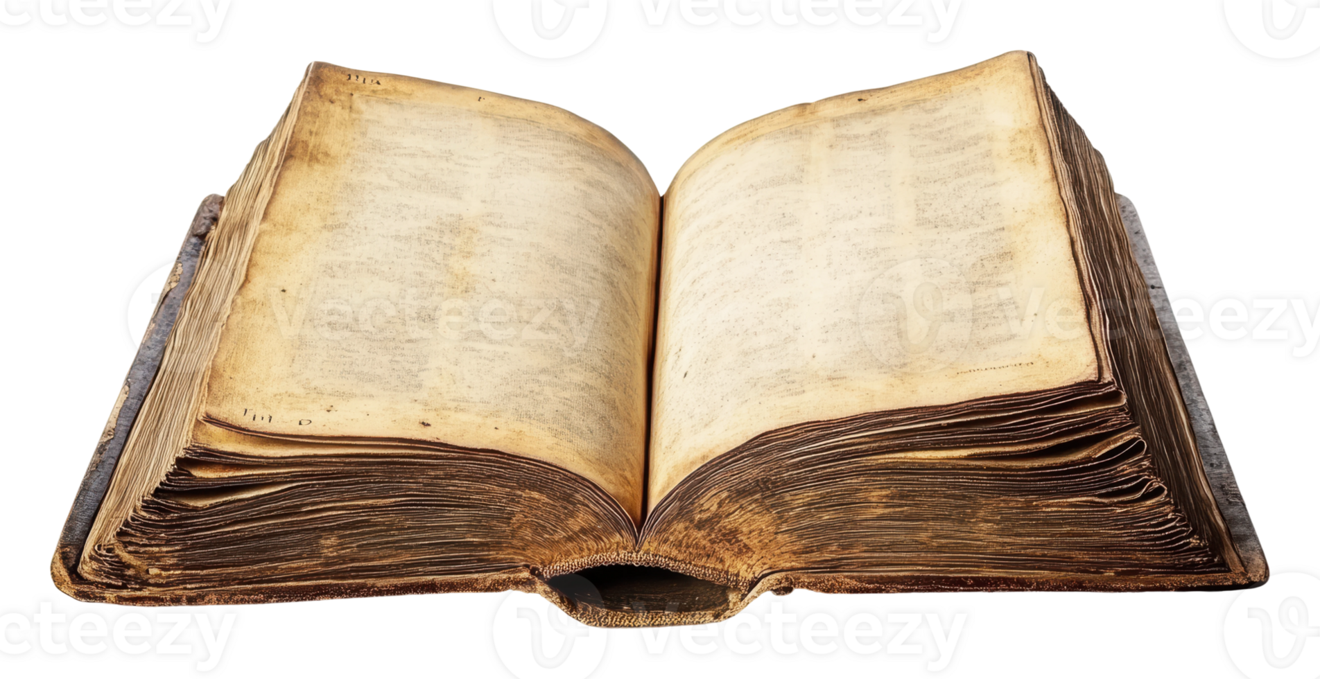 Old book with worn pages resting open on a surface png