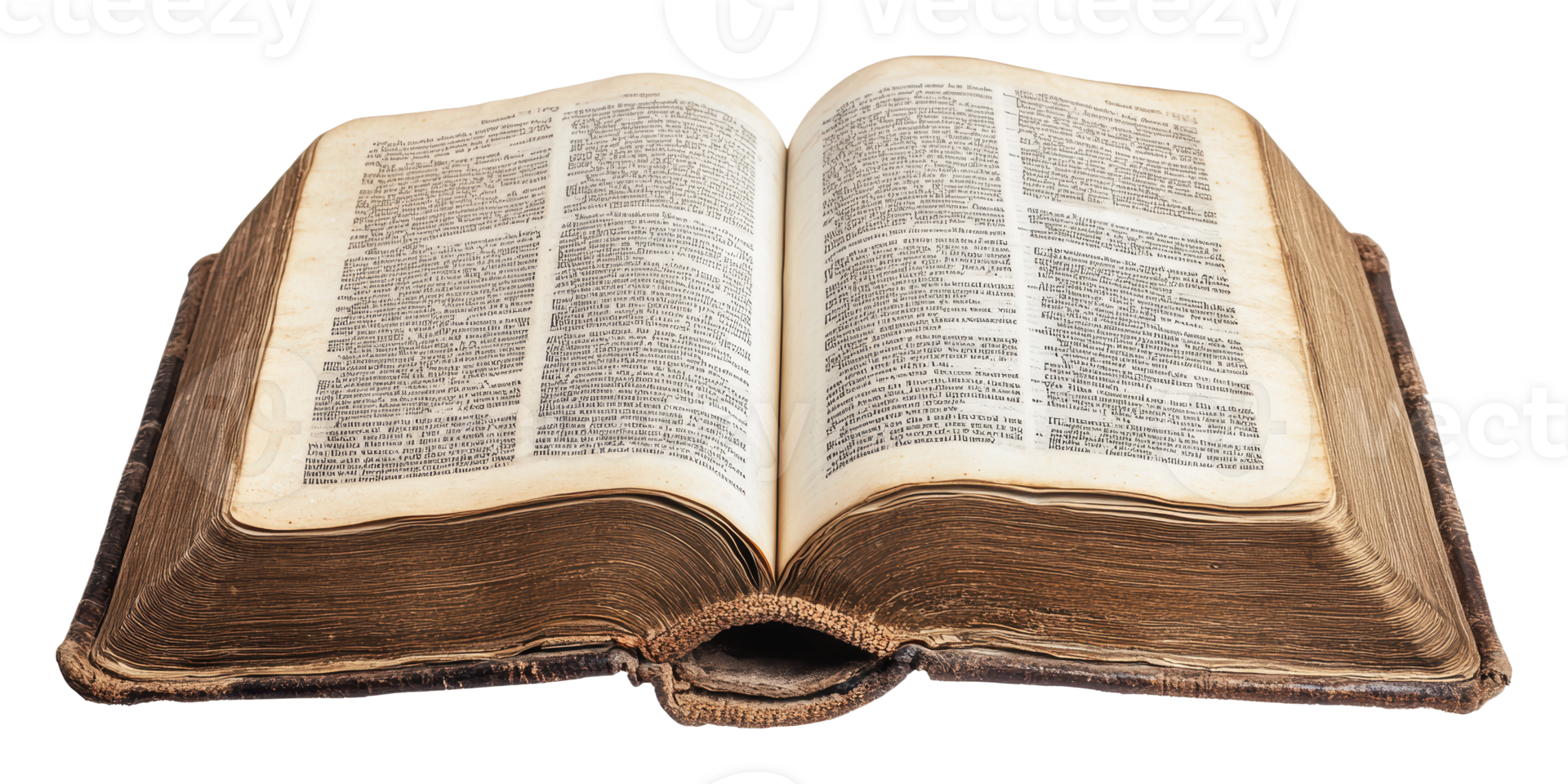 Open vintage book with yellowed pages on display png