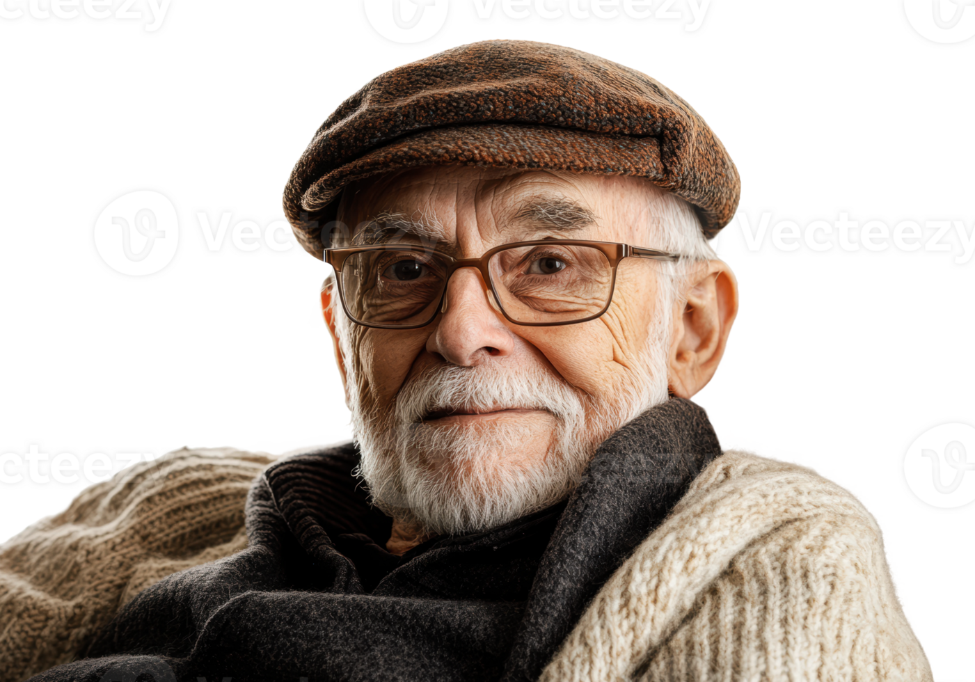 Elderly man with glasses wearing a cap and sweater png