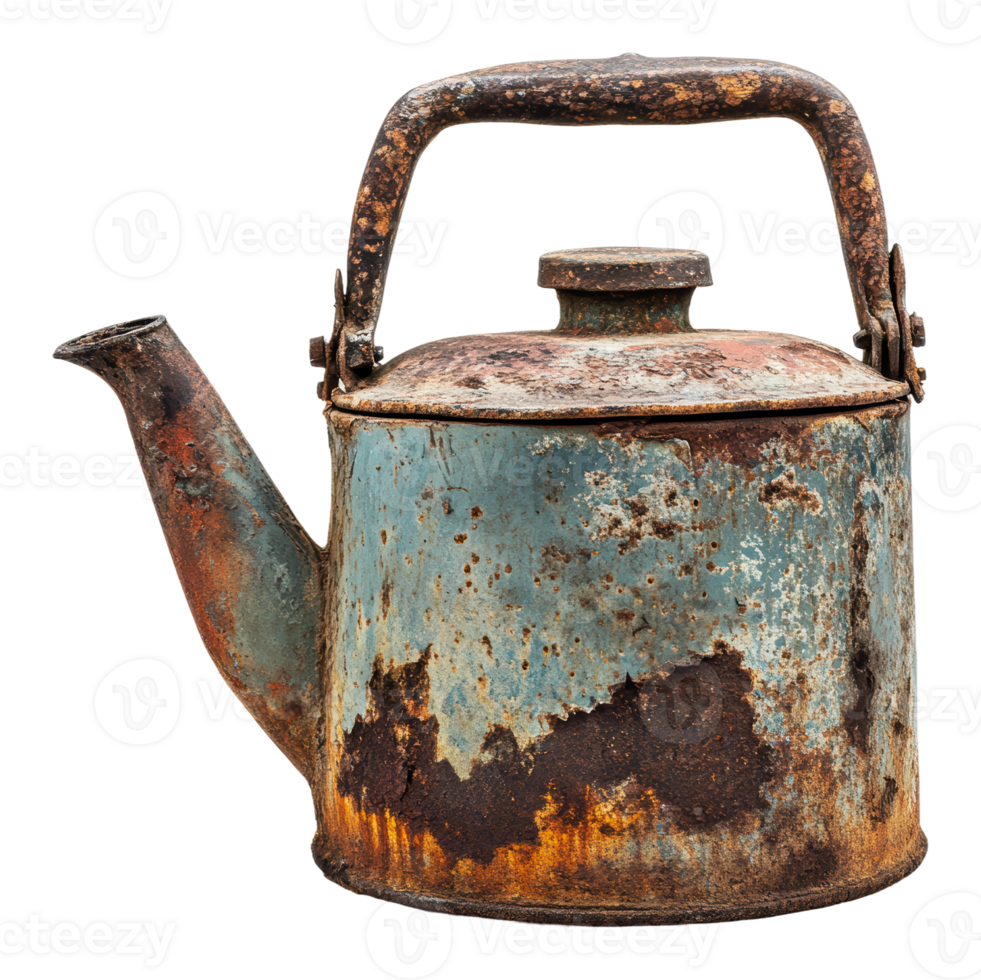 Vintage kettle with rust and peeling paint png