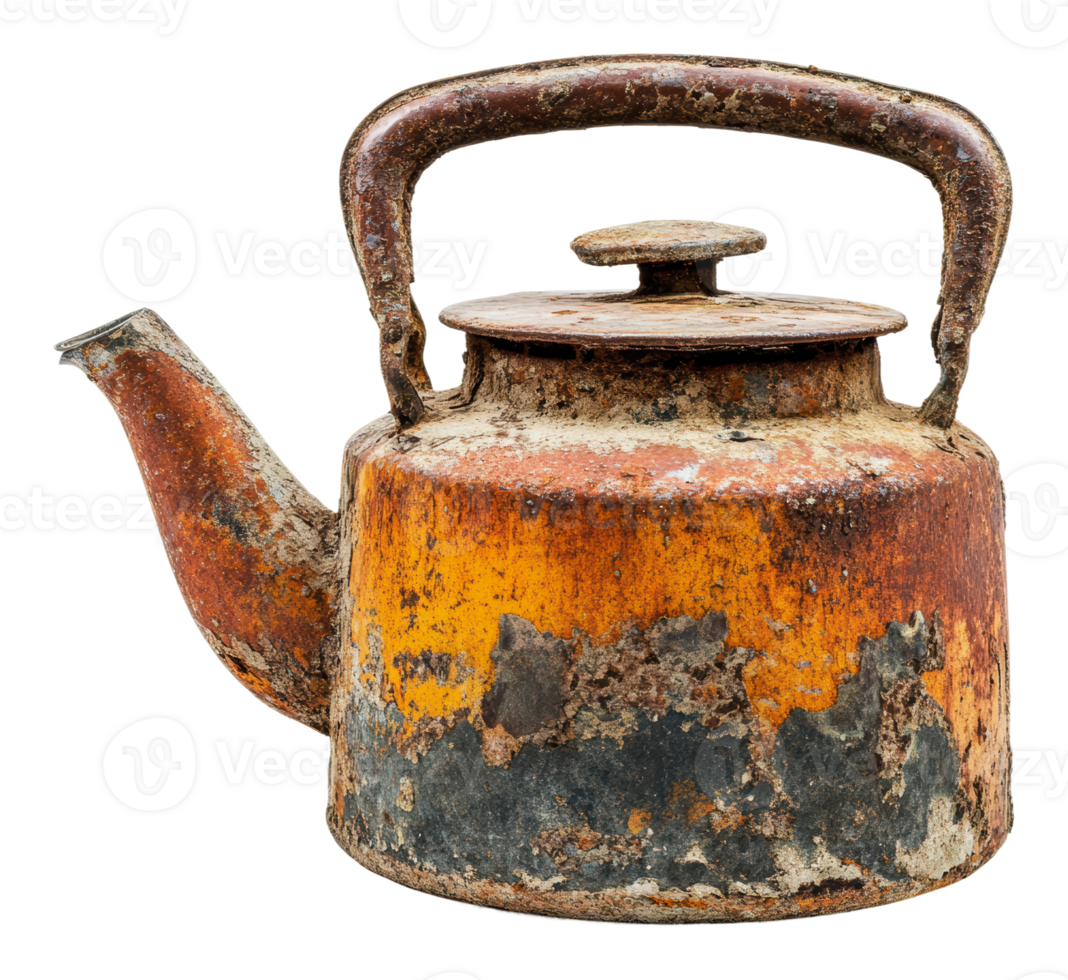 Antique kettle with rusted finish on display png