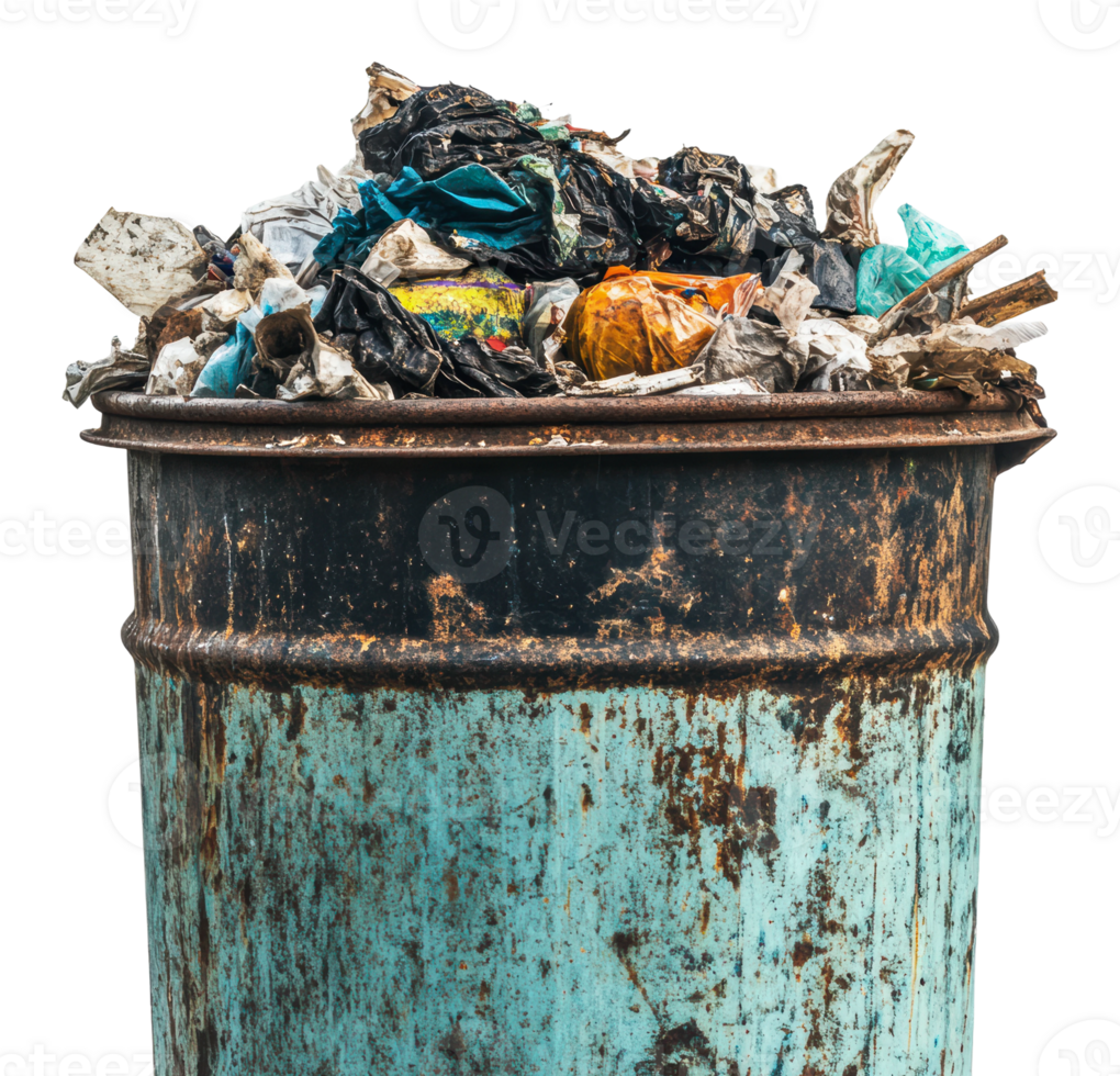 Overflowing trash bin filled with waste materials png