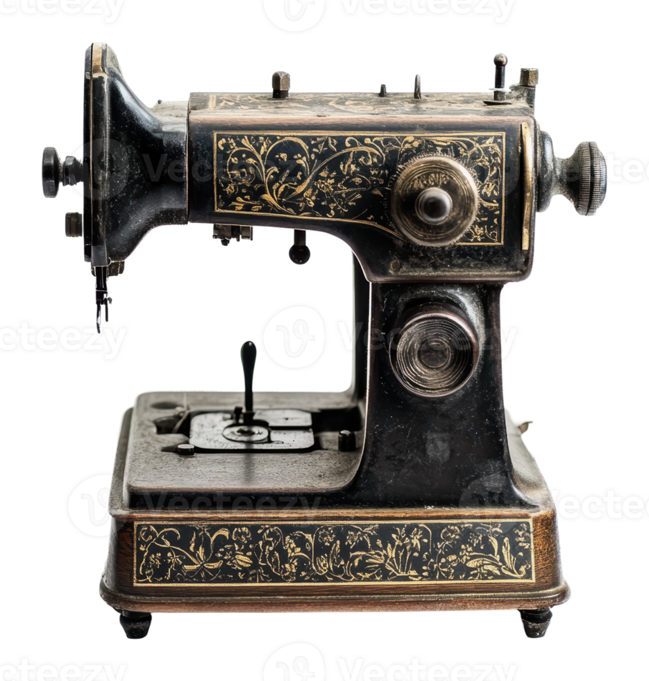 Vintage sewing machine with ornate design details png