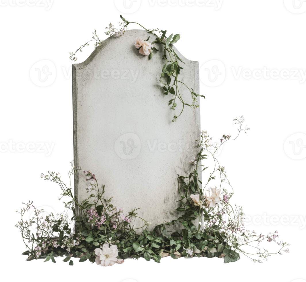 Memorial stone adorned with flowers and greenery png