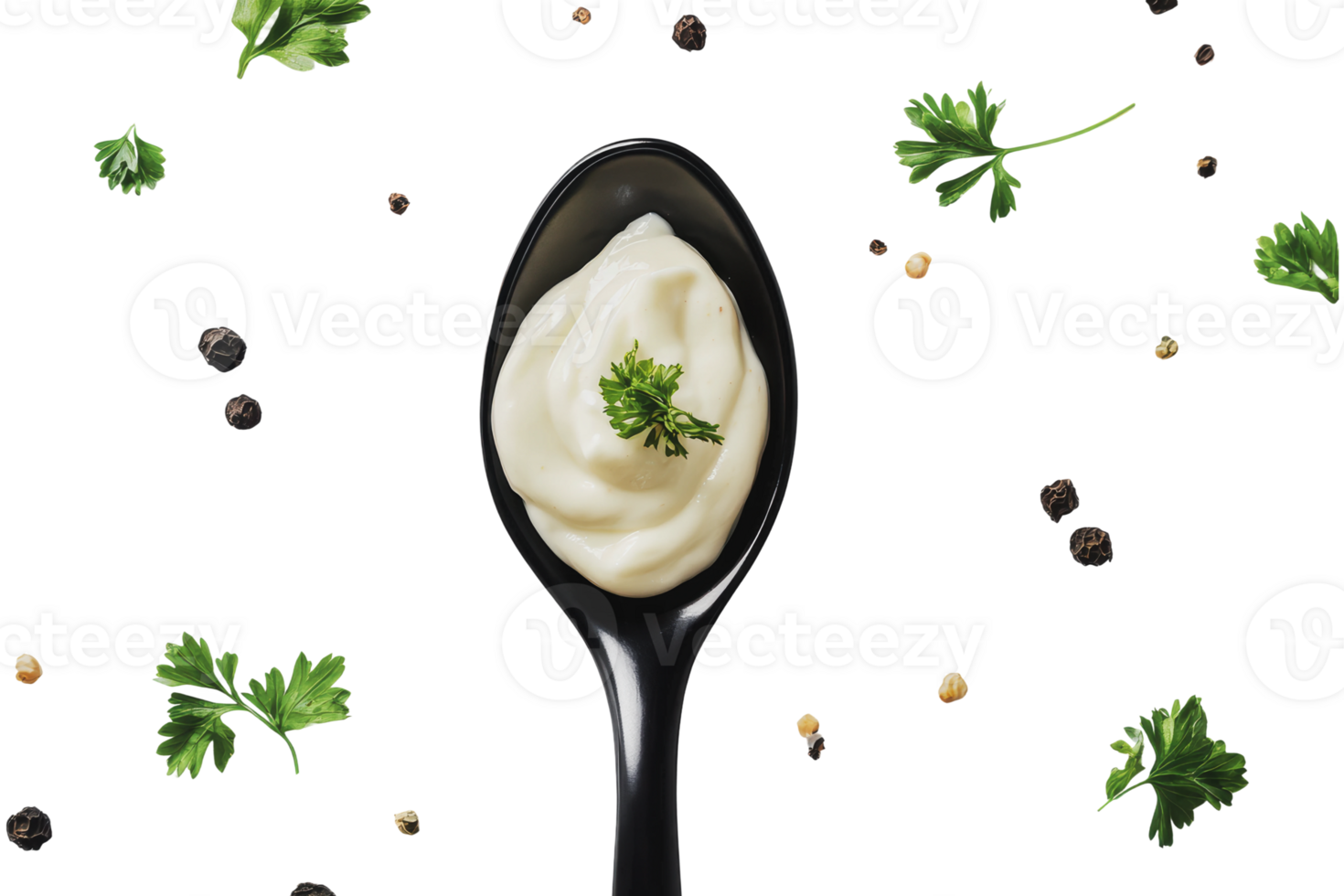 Creamy sauce garnished with parsley on a spoon png
